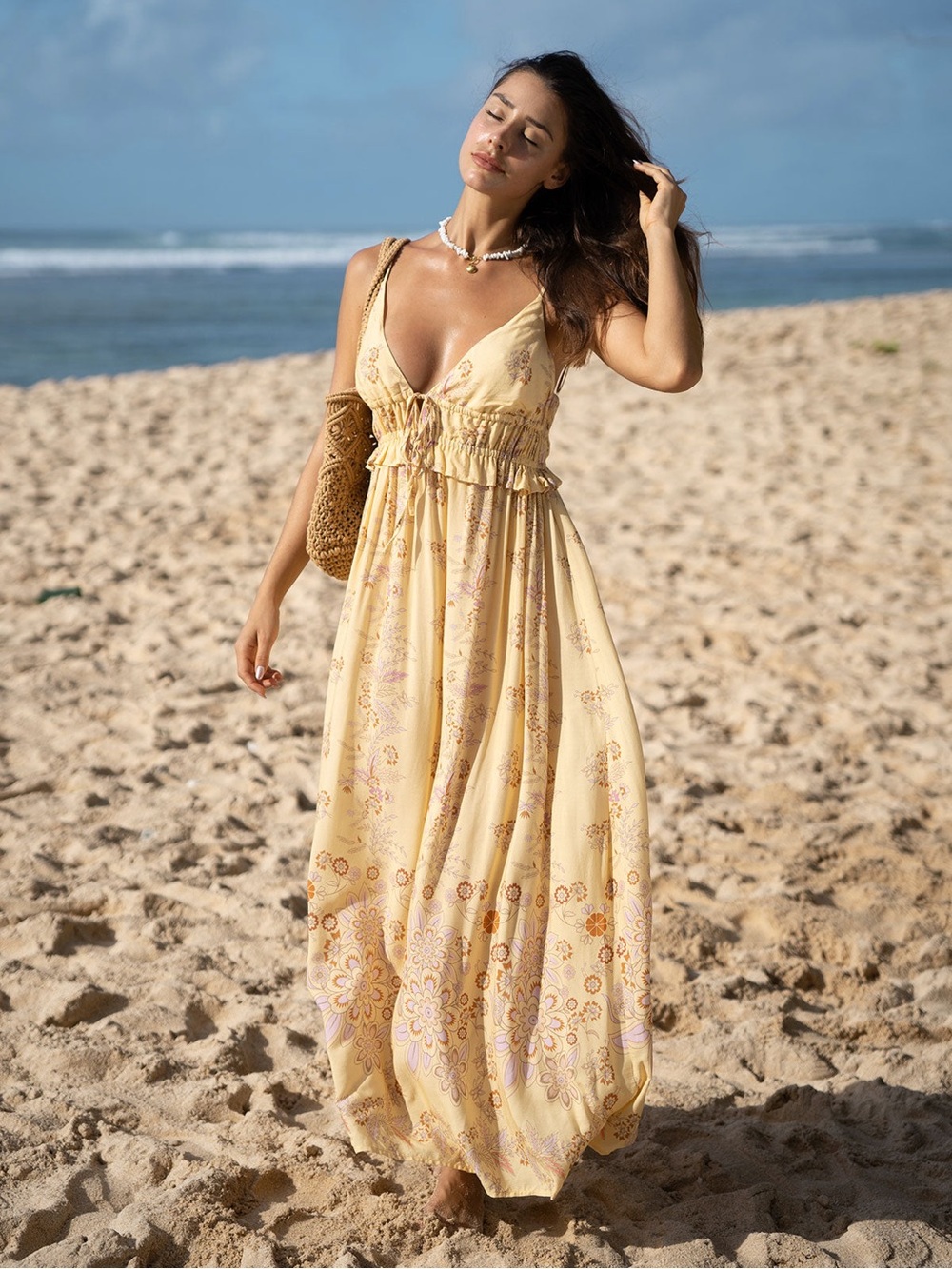 Berlook Yellow Sleeveless Tie Beach Dress Maxi Cover Up Boho Resort Floral L NWT